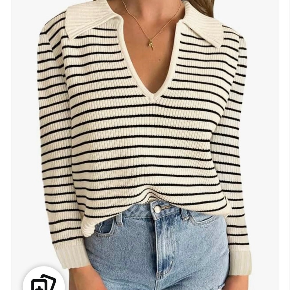 Classic Black and White V-Neck Striped Sweater